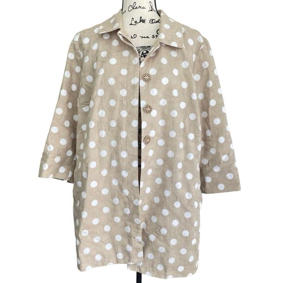 CHICO’S POLKA DOT JACKET TAN/WHITE PLEAT BACK 3/4 SLEEVES 
SZ 16 SOPHISTICATED - Picture 13 of 16